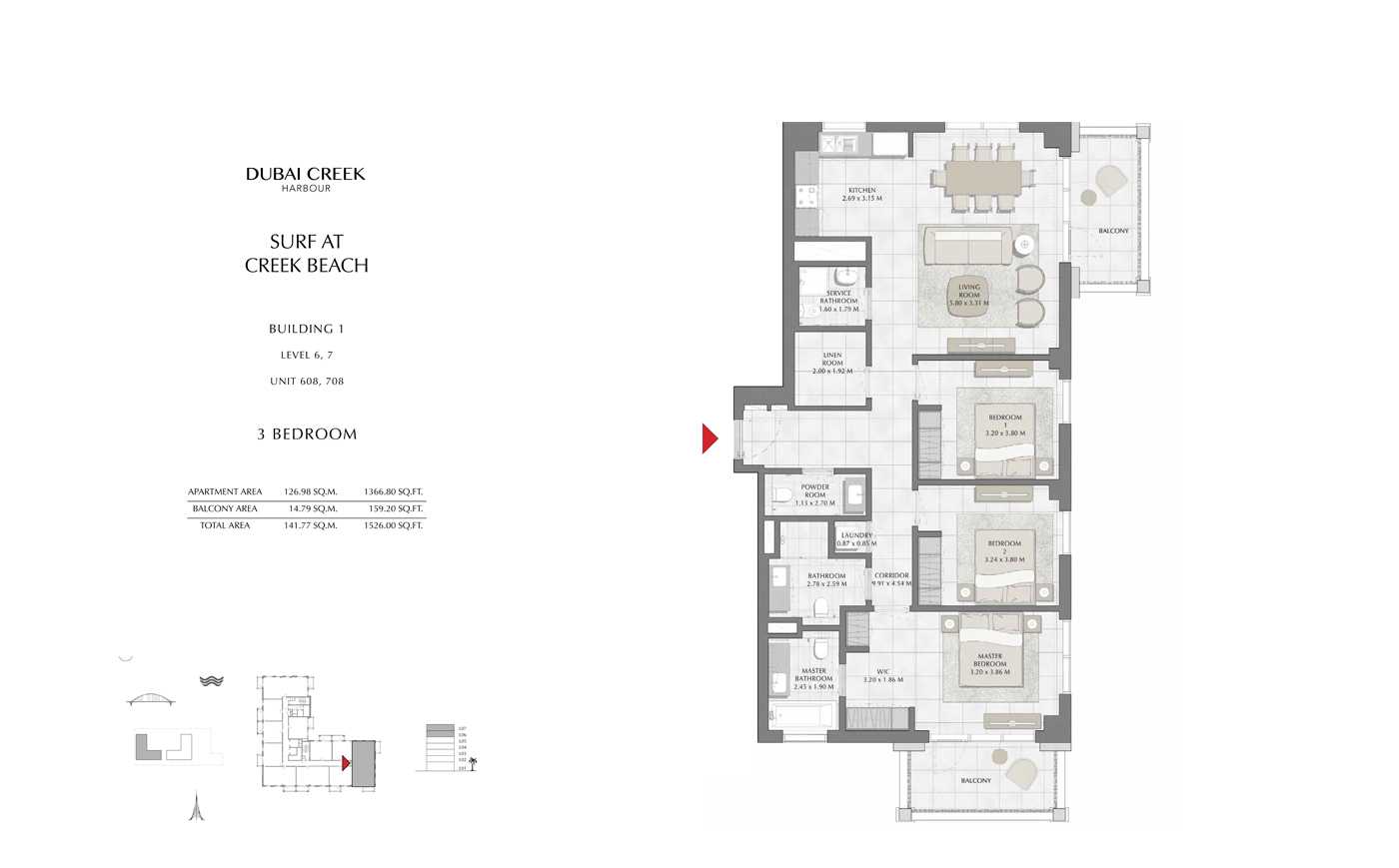 Building 1, 1 Bedroom, Level 6,7 Size 1526 Sq Ft